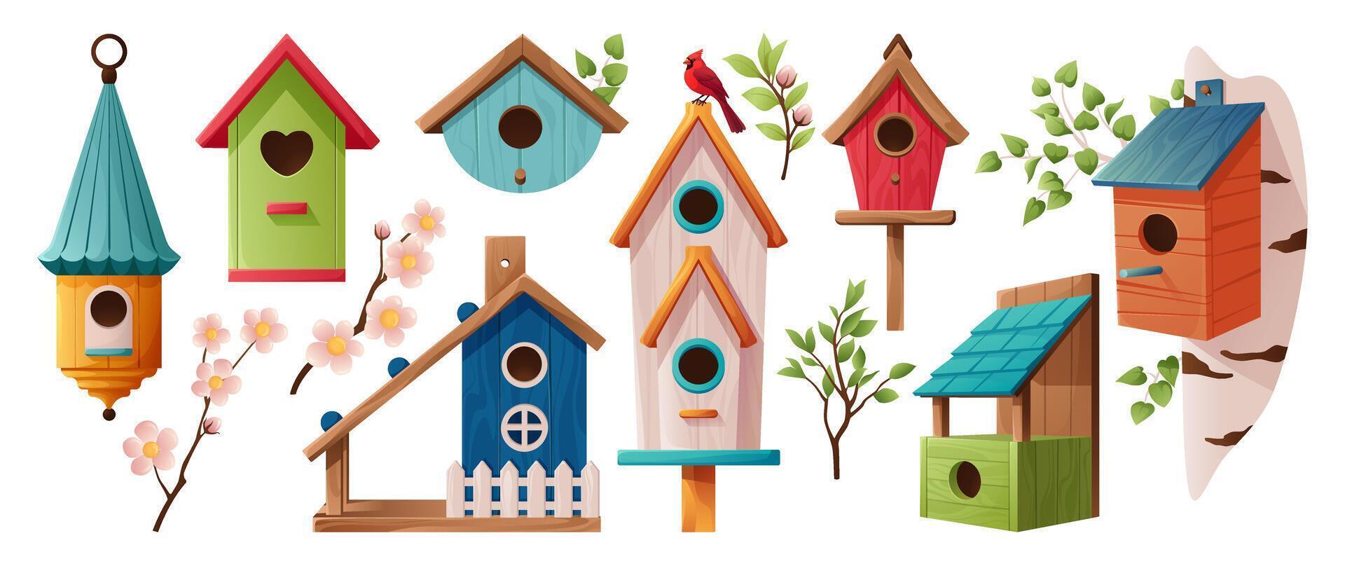 Bird houses set. Homemade nests, feeders, and homes, for spring and summer birds. Cartoon illustration collection of colorful wooden birdhouses with bird feeder on trees, and blooming branches. vector