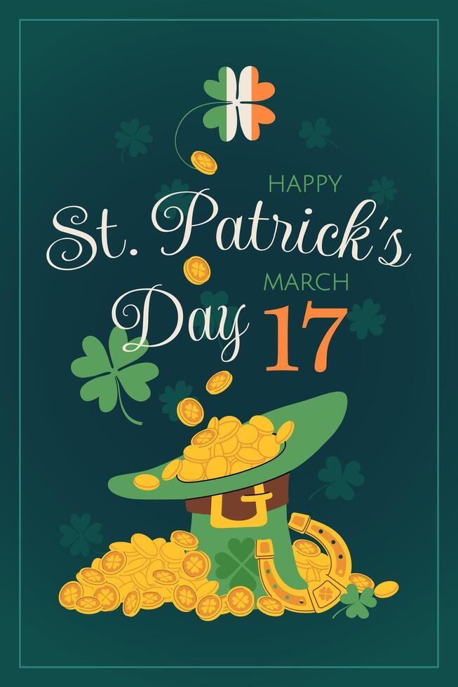 St. Patrick's Day party banner, flyer, or invitation cards designs. Irish Patrick Day with a green hat a hat full of gold coins, lucky clover, and lettering Happy St Patrick day. Cartoon illustration. vector