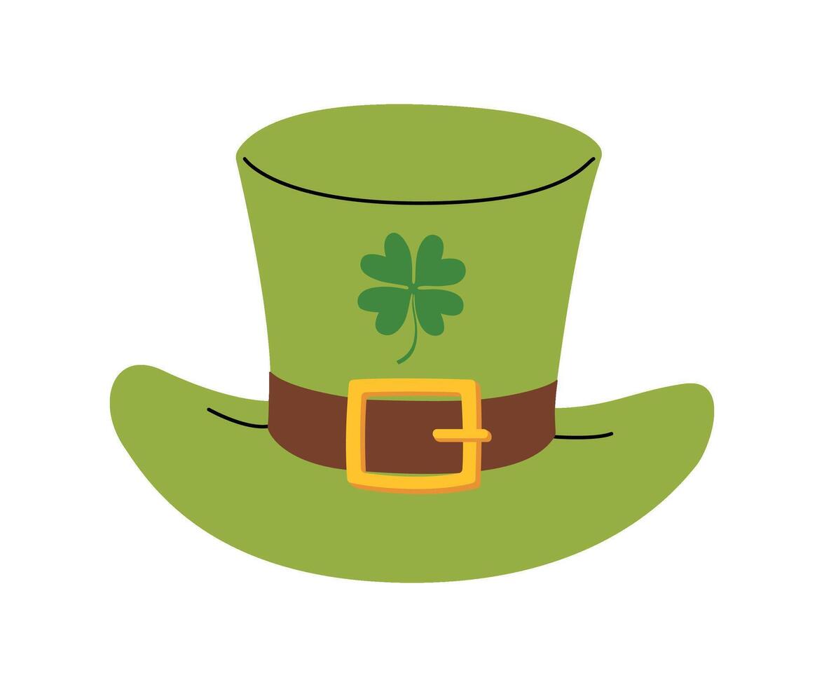 Leprechaun hat. Front view of a green retro bowler hat with a belt, and lucky clover leaf. Irish holiday Saint Patrick's Day symbol. Element for festival or party. Flat illustration. vector