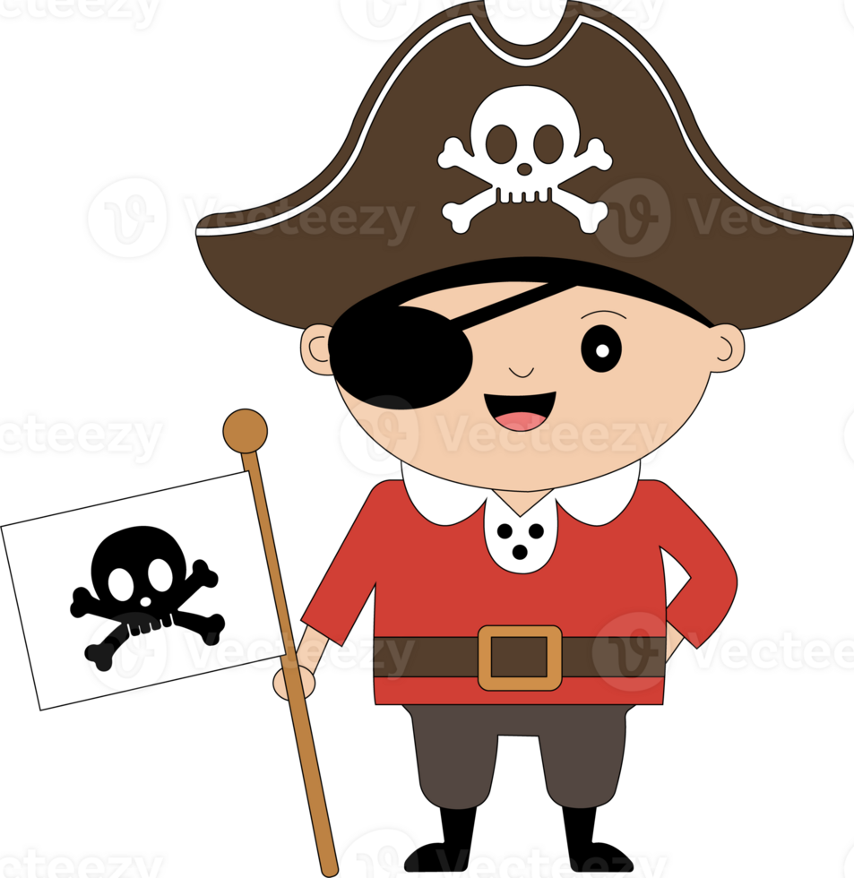 A cartoon pirate holding a flag and a skull and crossbones png