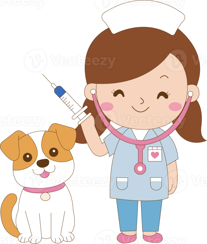 A cartoon nurse holding a syringe and a dog png