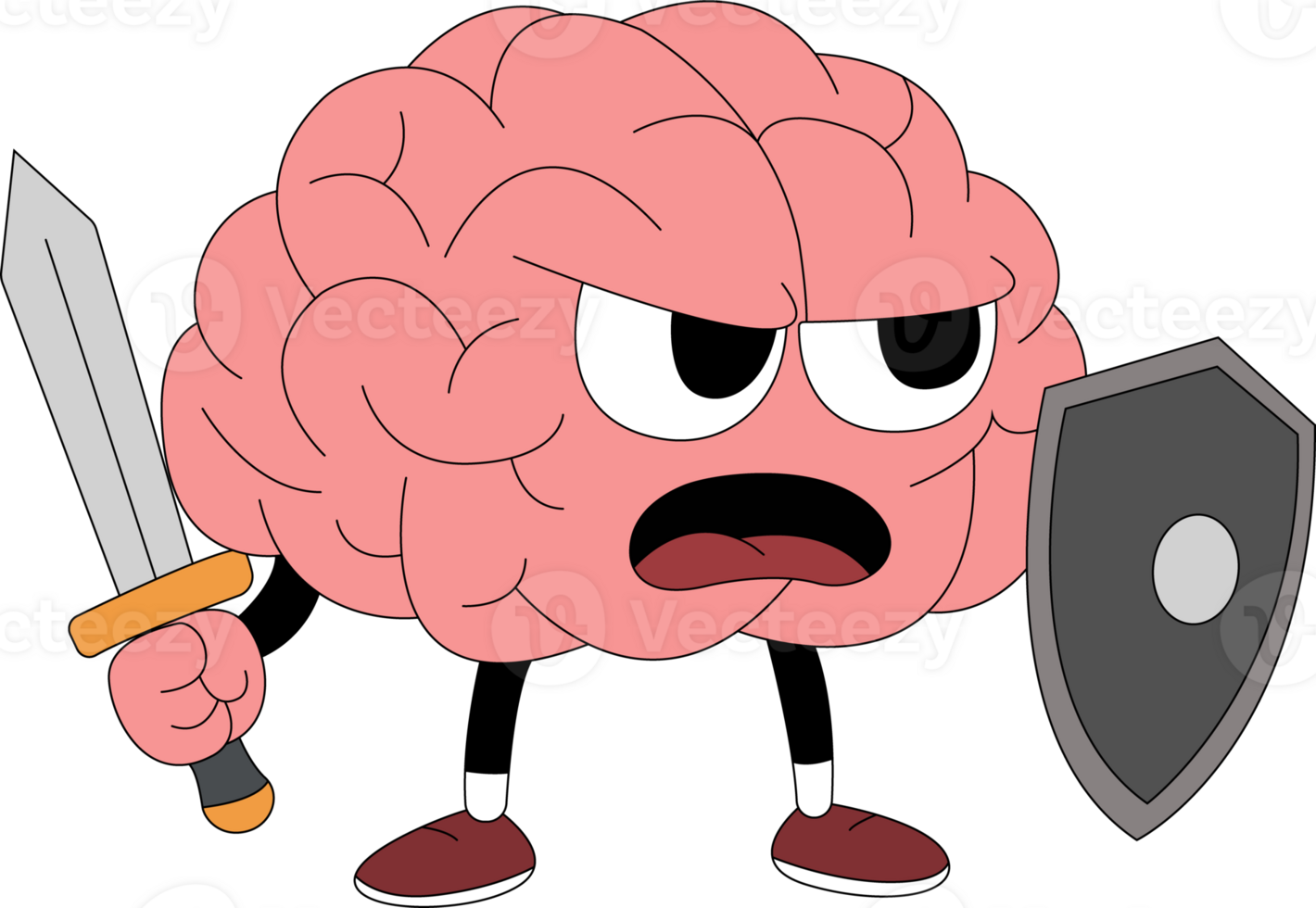 A cartoon brain holding a sword and shield png