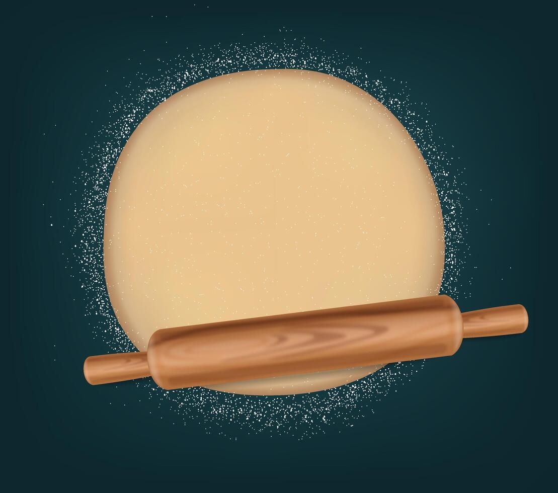 Realistic wood rolling pin isolated, blue background, dough elements, illustration vector