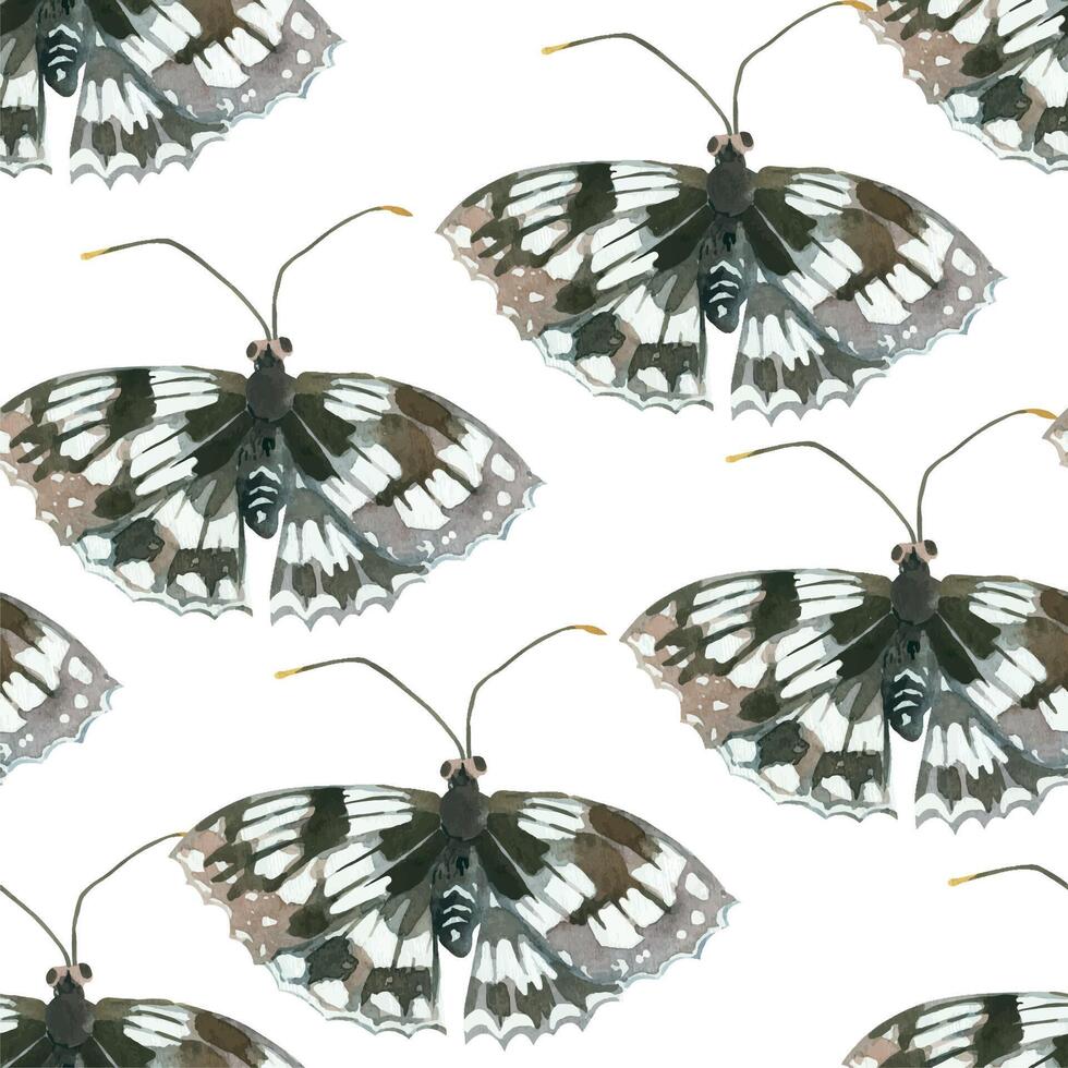Seamless watercolor pattern. Insects, butterflies black and white hand-drawn with watercolor and isolated on a white background. Suitable for printing on fabric, paper, stationery and scrapbooking vector