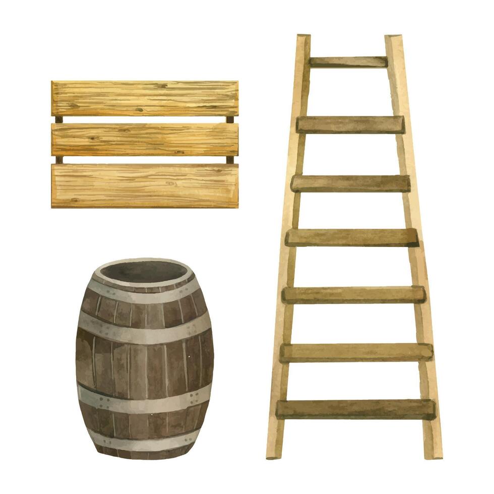 Wooden ladder, stepladder, wooden barrel and storage box for harvest. Harvesting, all objects are hand-painted with watercolor. Suitable for printing on fabric, paper, design vector