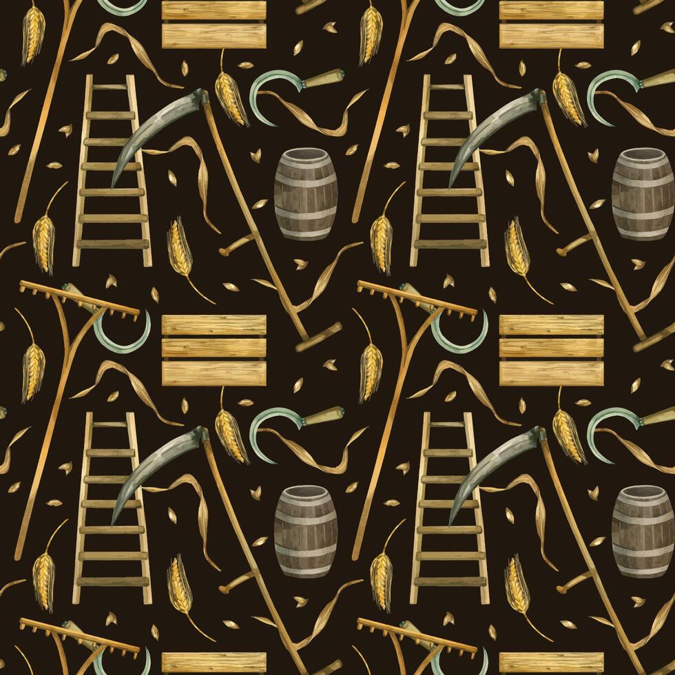 Harvesting, wheat, scythe for mowing, sickle, storage box and barrel, ladder, wheat grains, wheat ears. All objects are hand-drawn with watercolor. Seamless watercolor pattern. For design, creativity vector