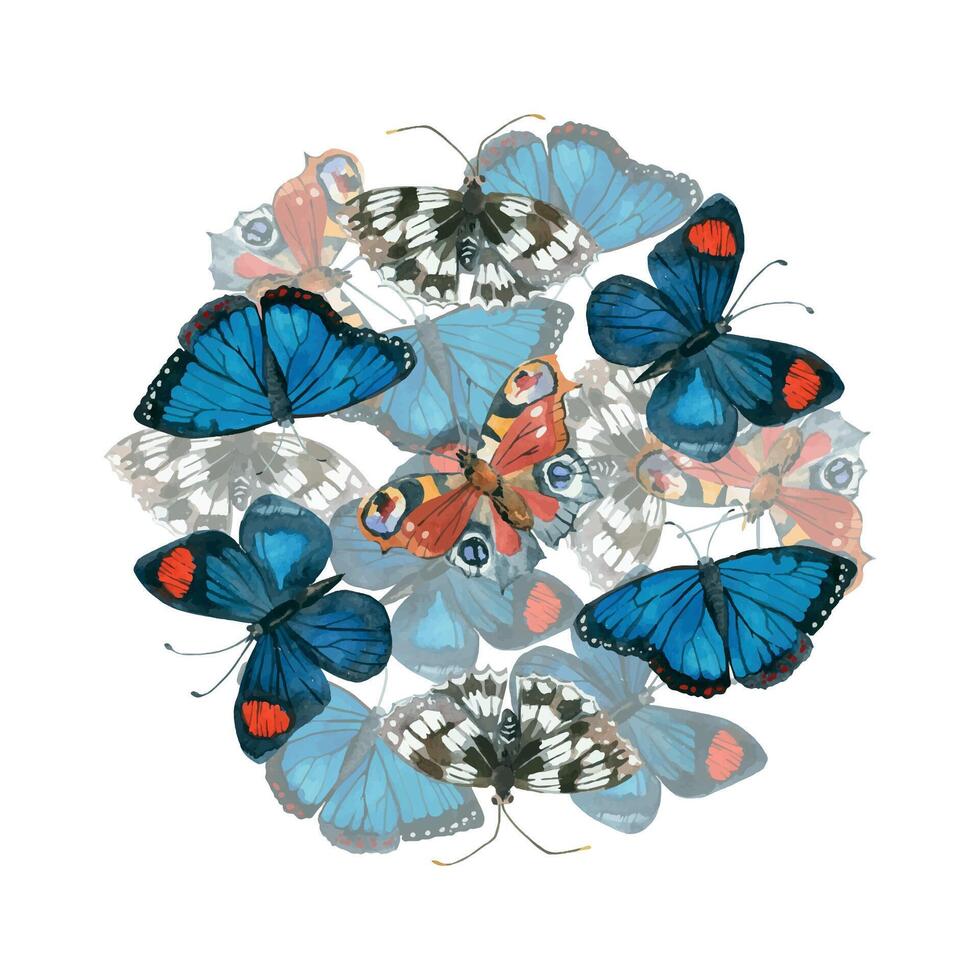 Round composition of butterflies of different colors, Peacock eye, Morpho, bright blue, black and white butterflies. All objects are hand-drawn with watercolors. Suitable for printing, design vector