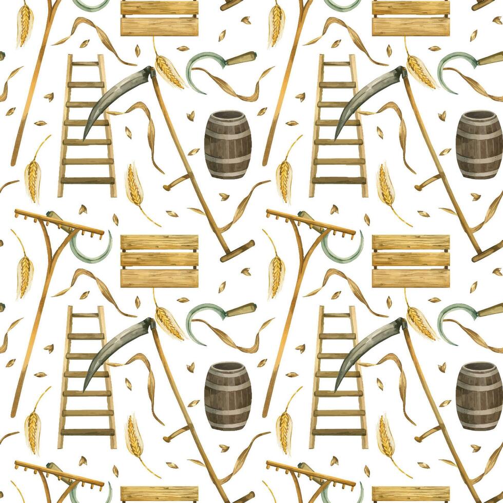 Harvesting, wheat, scythe for mowing, sickle, storage box and barrel, ladder, wheat grains, wheat ears. All objects are hand-drawn with watercolor. Watercolor seamless pattern. For printing on paper vector