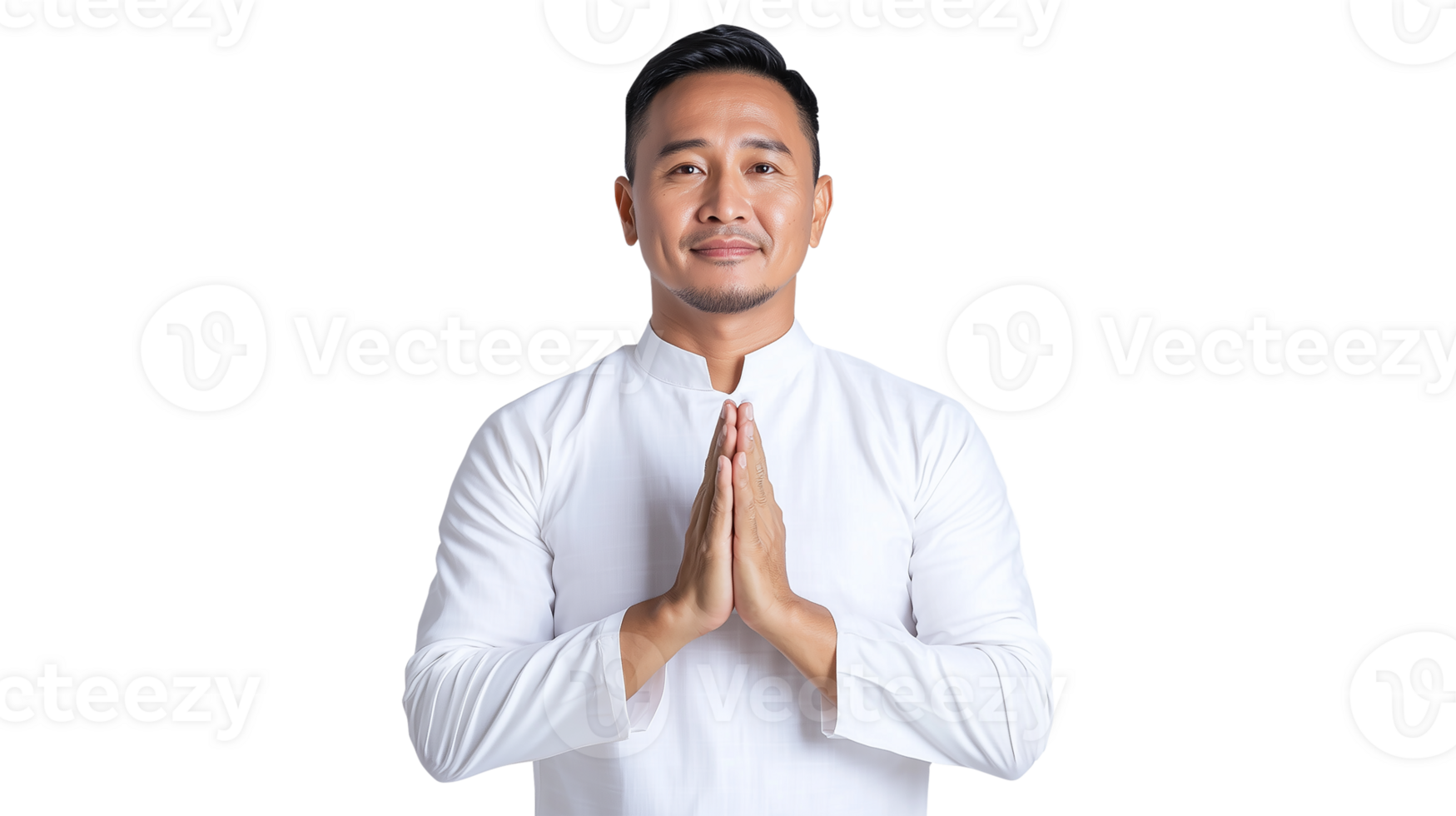 A man in a white koko shirt, hands together in a peaceful gesture png