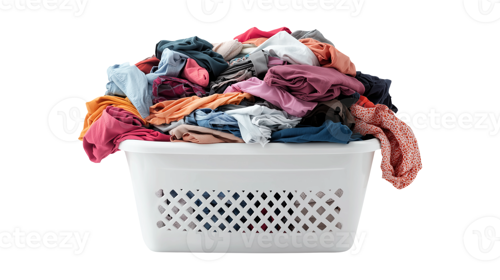 White plastic laundry basket packed with unfolded clothes png