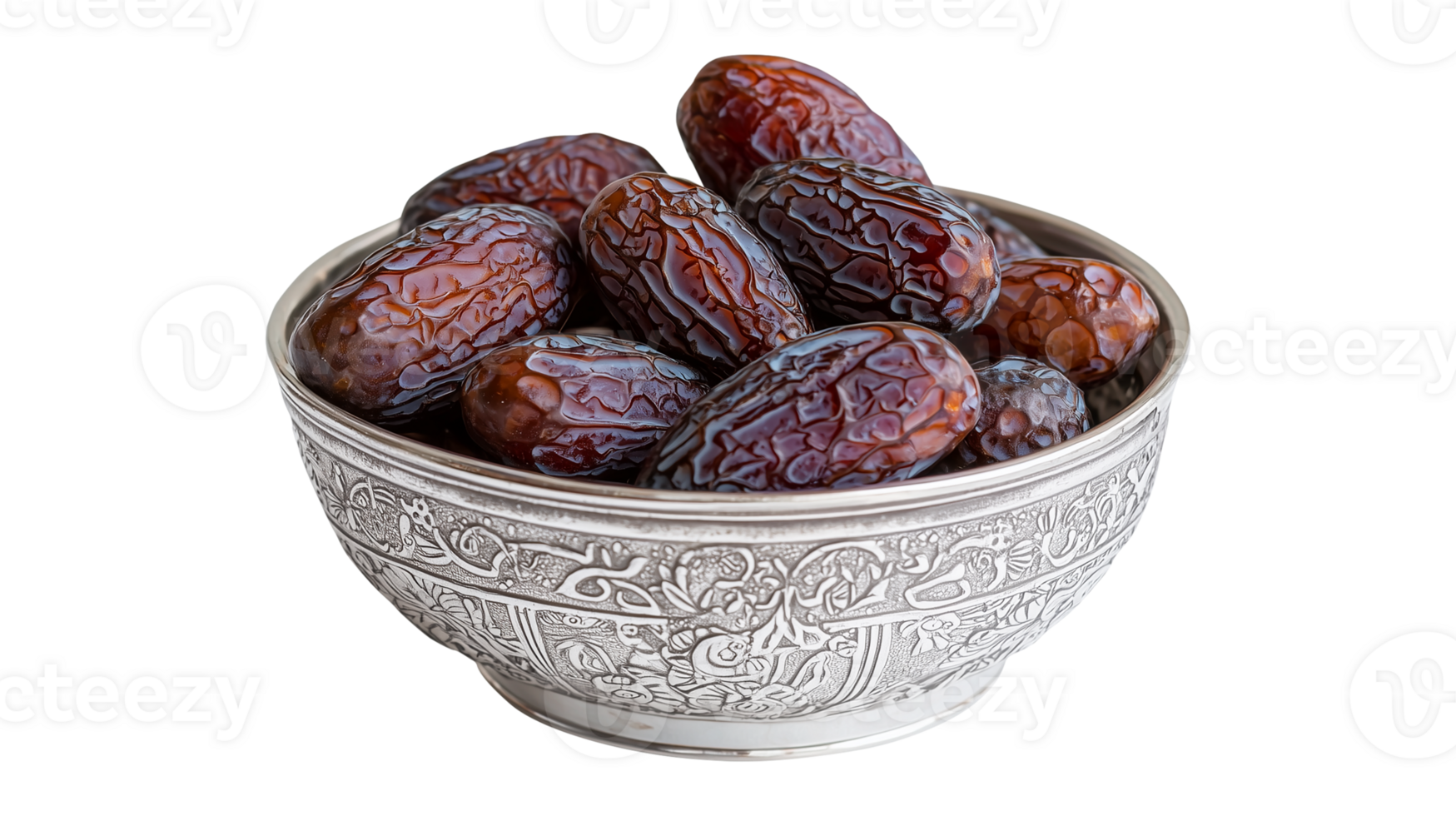 An ornate metal dish with fresh dates, symbolizing Ramadan tradition png