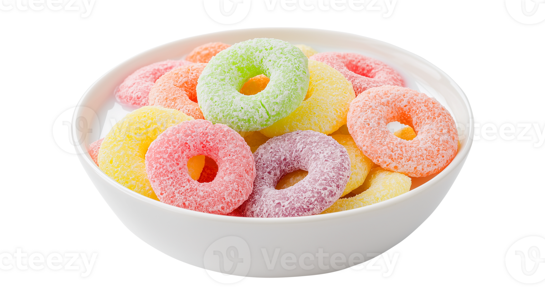 Vibrant bowl of colorful ring-shaped cereal with fresh milk png