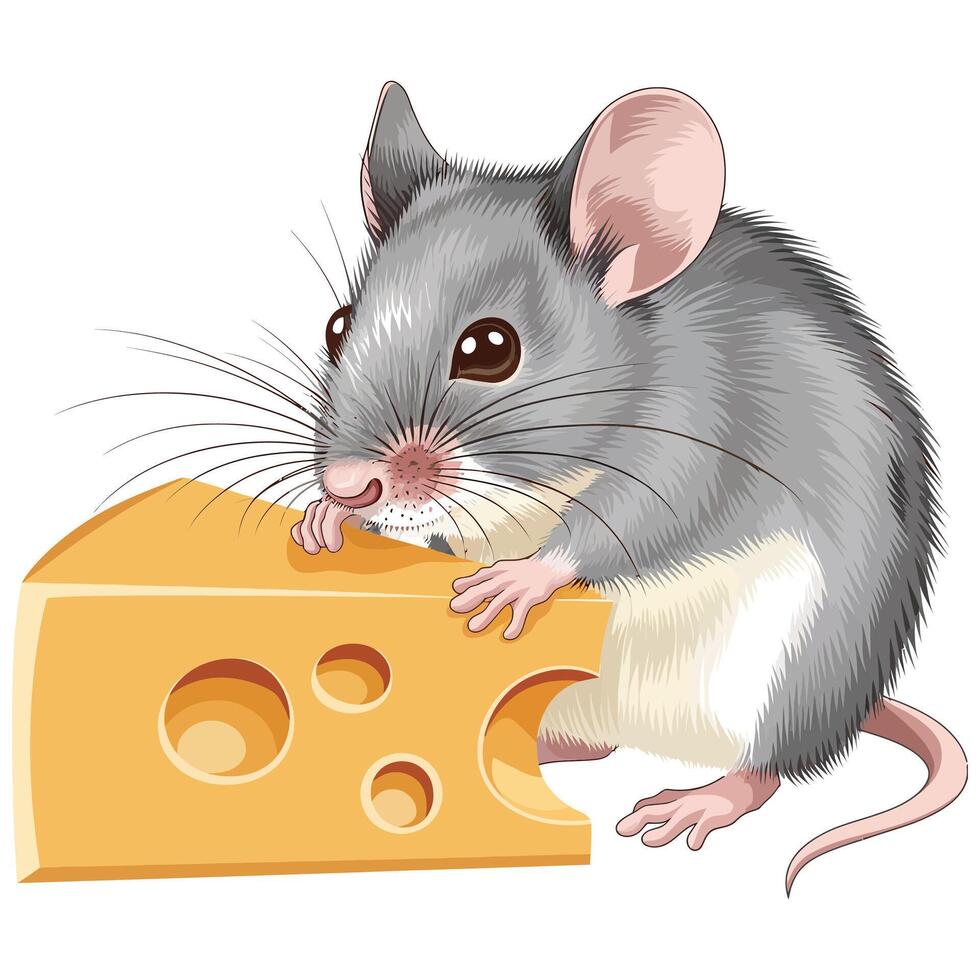 Mouse eating cheese, illustration vector