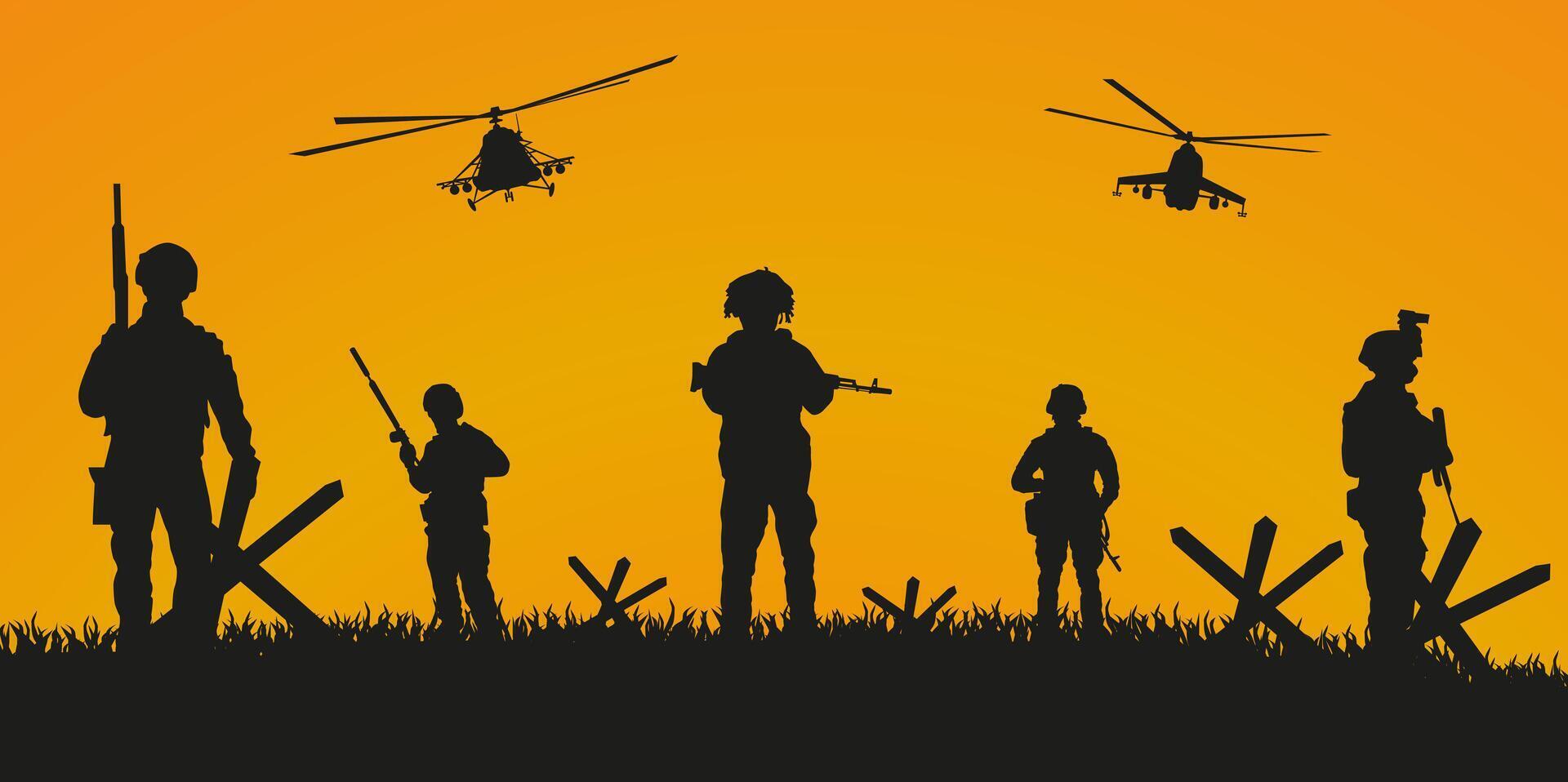 Silhouette of soldiers with weapons at the end of the battle. vector