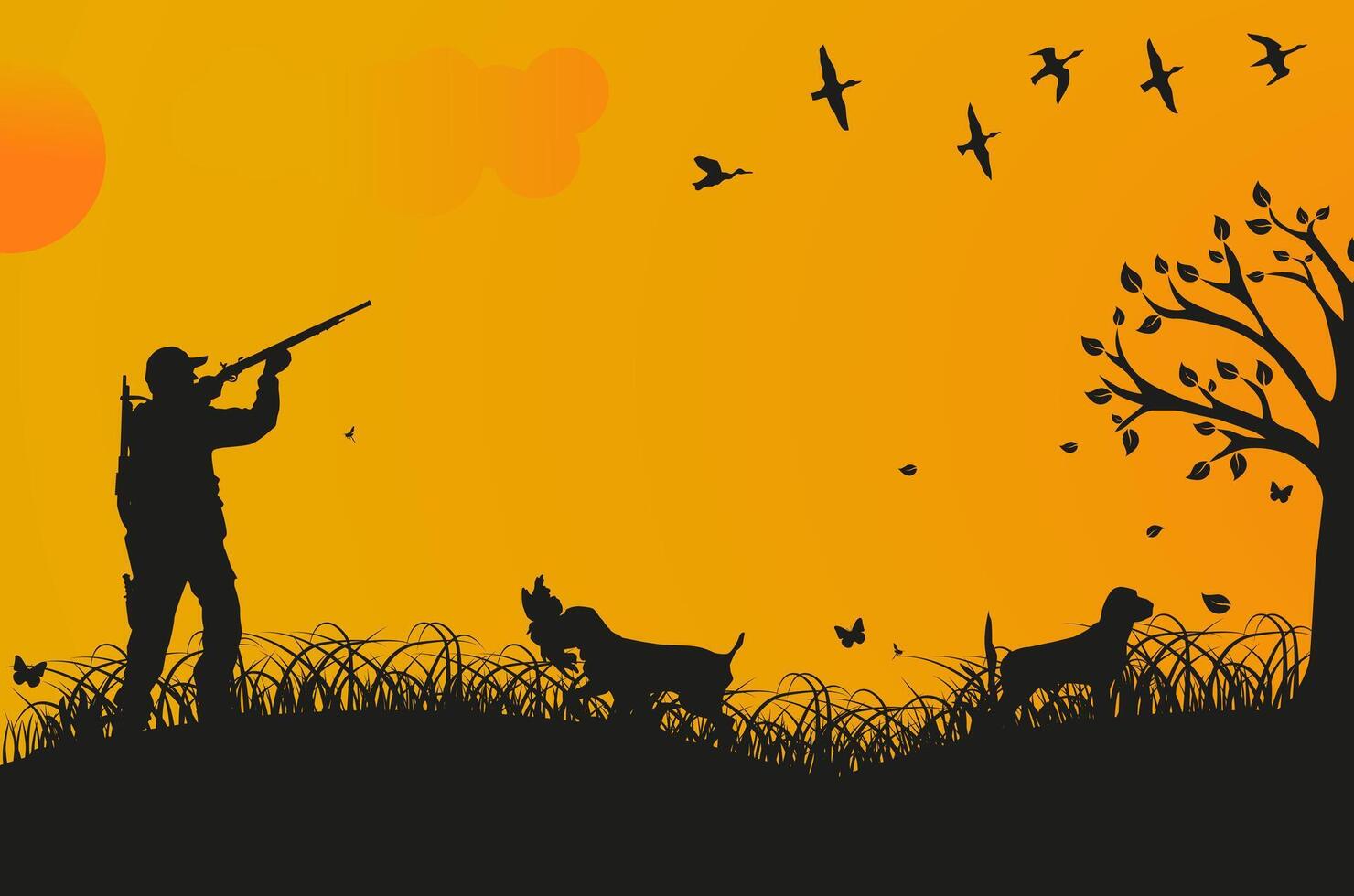 Against the background of the setting sun, a man with a dog hunts ducks. vector