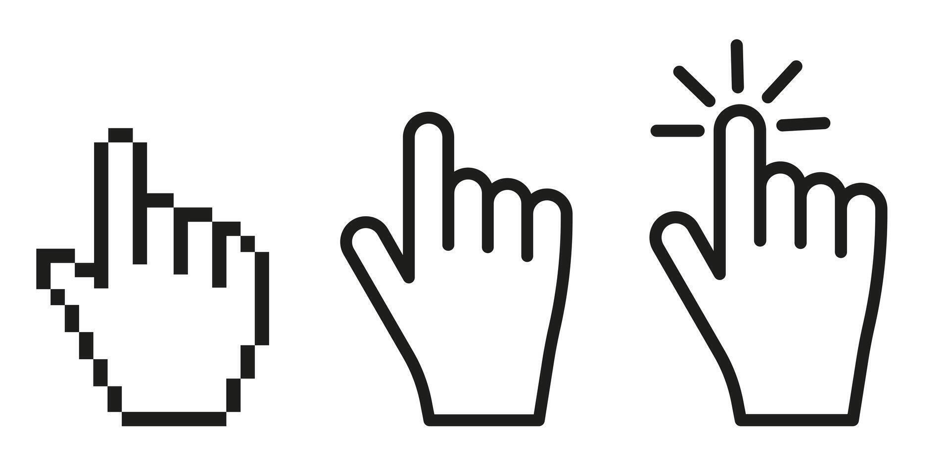 Collection of three computer arrows in the shape of a hand. Arrow tools, computer interface button. vector