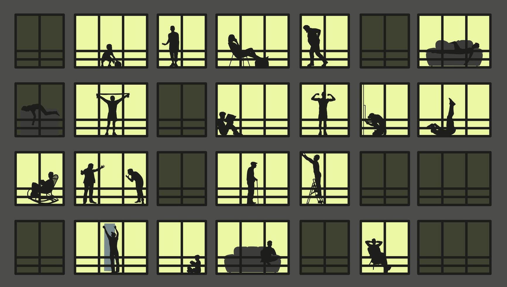 City window at night. Illustration of apartment buildings with windows. Different life situations, view from the window. vector