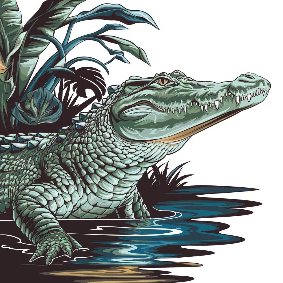 An alligator is sitting in the water with plants and trees vector