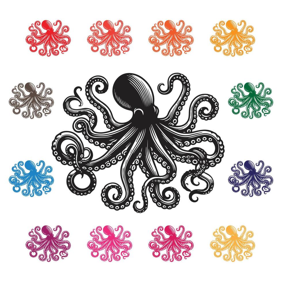 Silhouette isolated Octopus set White background vector