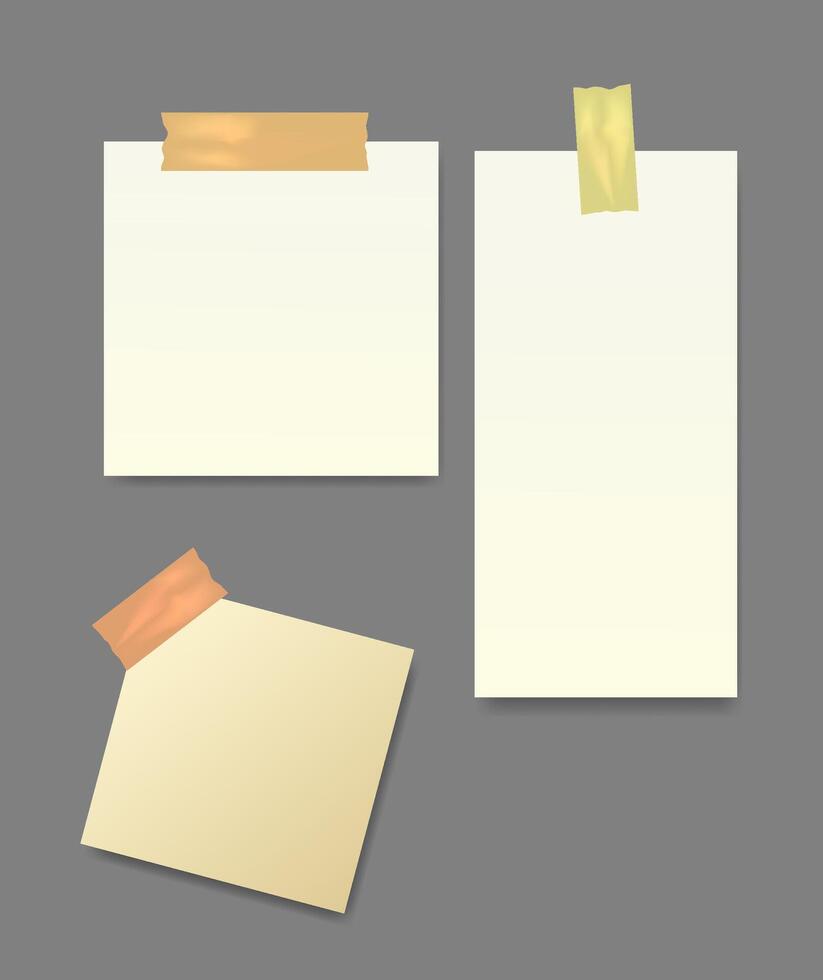Set of note papers with adhesive tape on gray background. vector