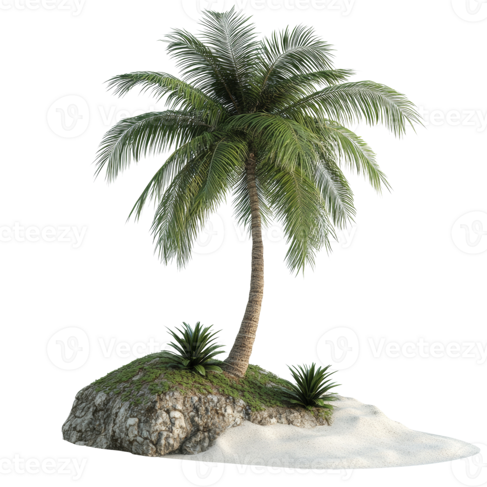 Isolated Tropical Island with Palm Tree on Sand and Rock Hill Background png