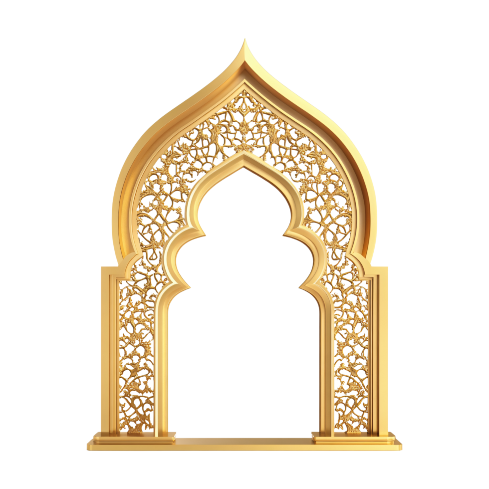 Arabic golden Islamic arch gate with intricate patterns isolated on transparent background png
