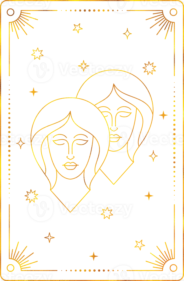 Tarot card with gemini zodiac style. Simple line art style. png