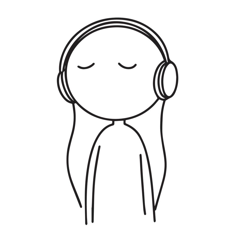stick man listens to music on headphones. relaxing music, meditation vector