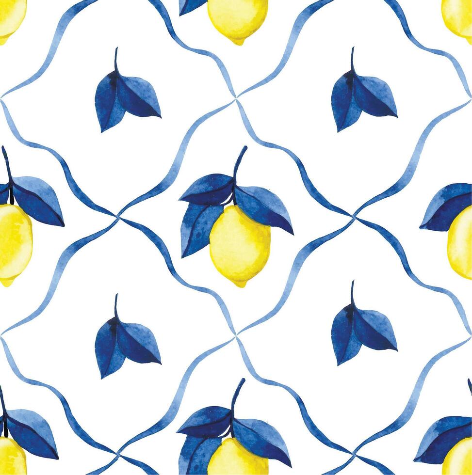 seamless watercolor pattern with yellow lemons and blue tiles. vector