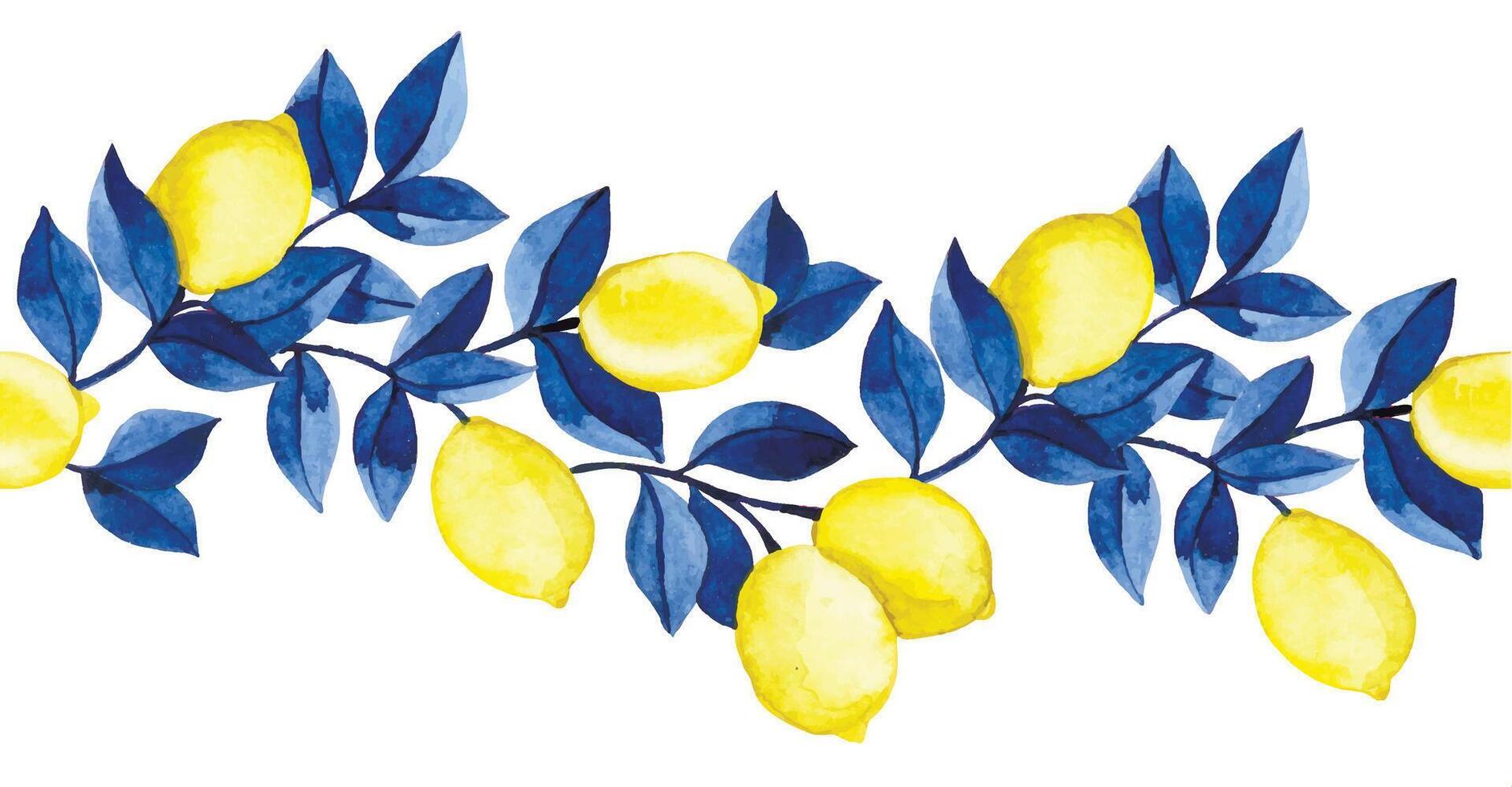 Seamless watercolor frame. Yellow lemons and blue leaves. vector