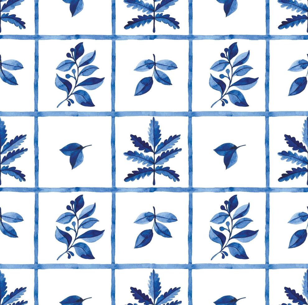 seamless watercolor pattern with leaves and herbs on tiles. vector