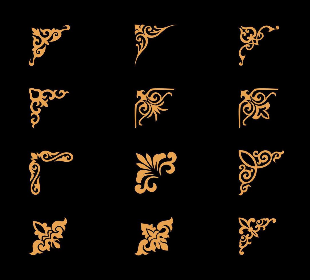 Collection of different abstract vintage corner ornaments on gold colour vector