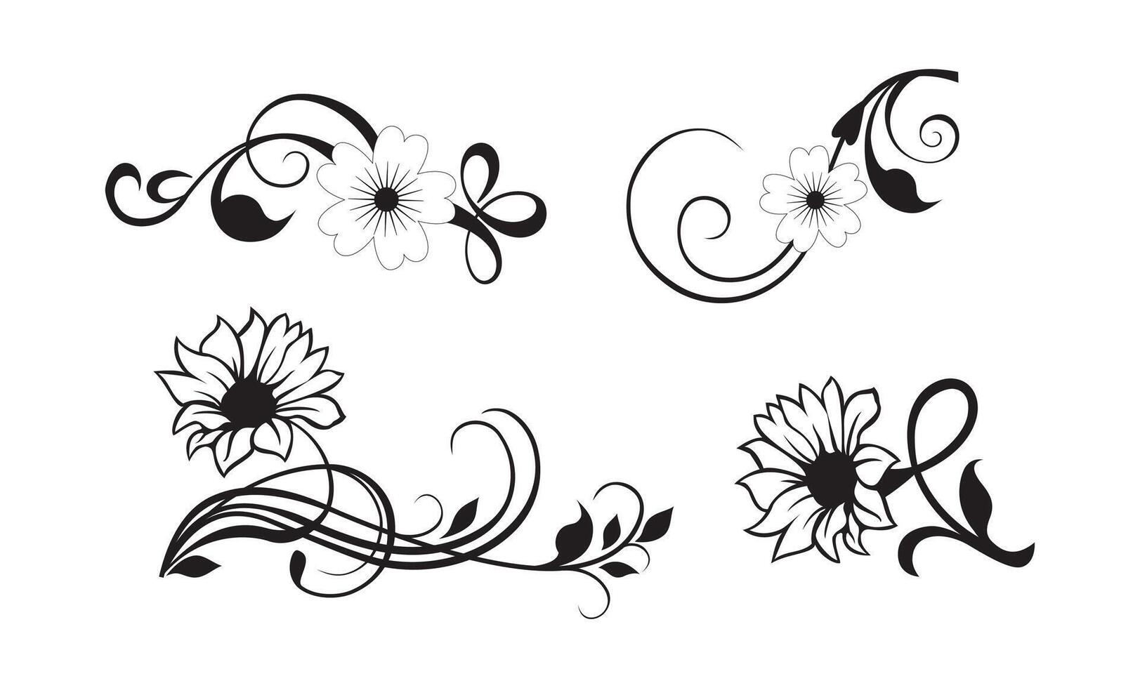 Set floral swirl decorative ornament art on black colour vector