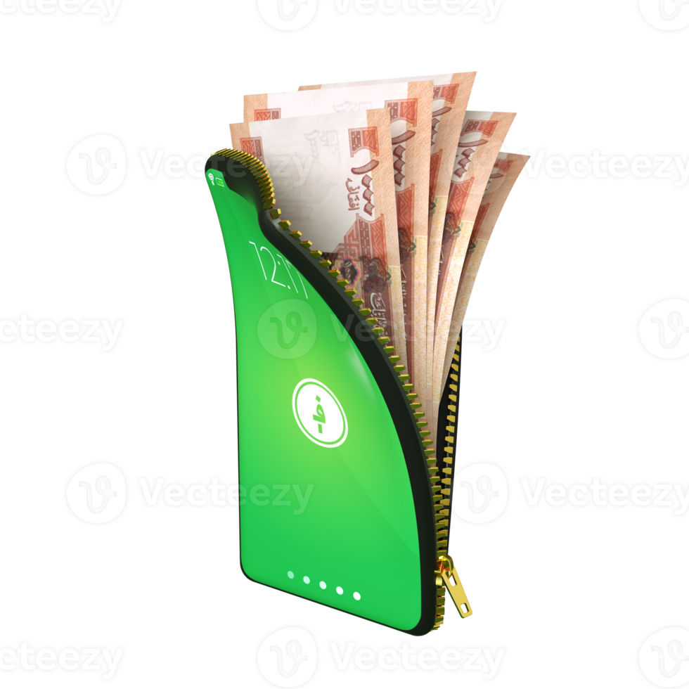 Online mobile money wallet concept. 3D rendering of Afghan Afgani notes inside smart phone isolated on transparent background. money coming out of purse png