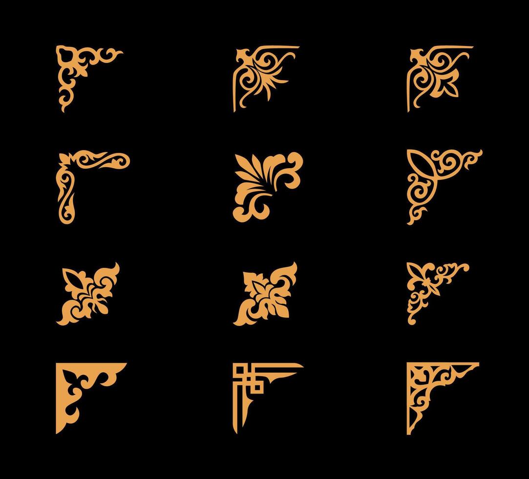 Collection of different abstract vintage corner ornaments on black background vector