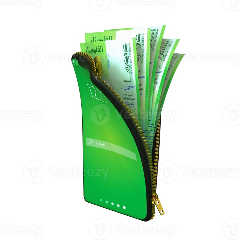 Online mobile money wallet concept. 3D rendering of Algeria dinar notes inside smart phone isolated on transparent background. money coming out of purse png