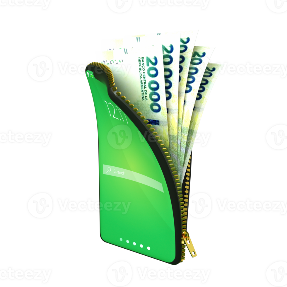 Online mobile money wallet concept. 3D rendering of Argentina peso notes inside smart phone isolated on transparent background. money coming out of purse png