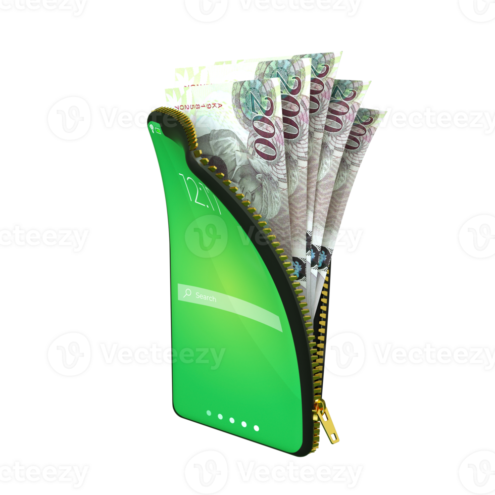 Online mobile money wallet concept. 3D rendering of Botswana Pula notes inside smart phone isolated on transparent background. money coming out of purse png