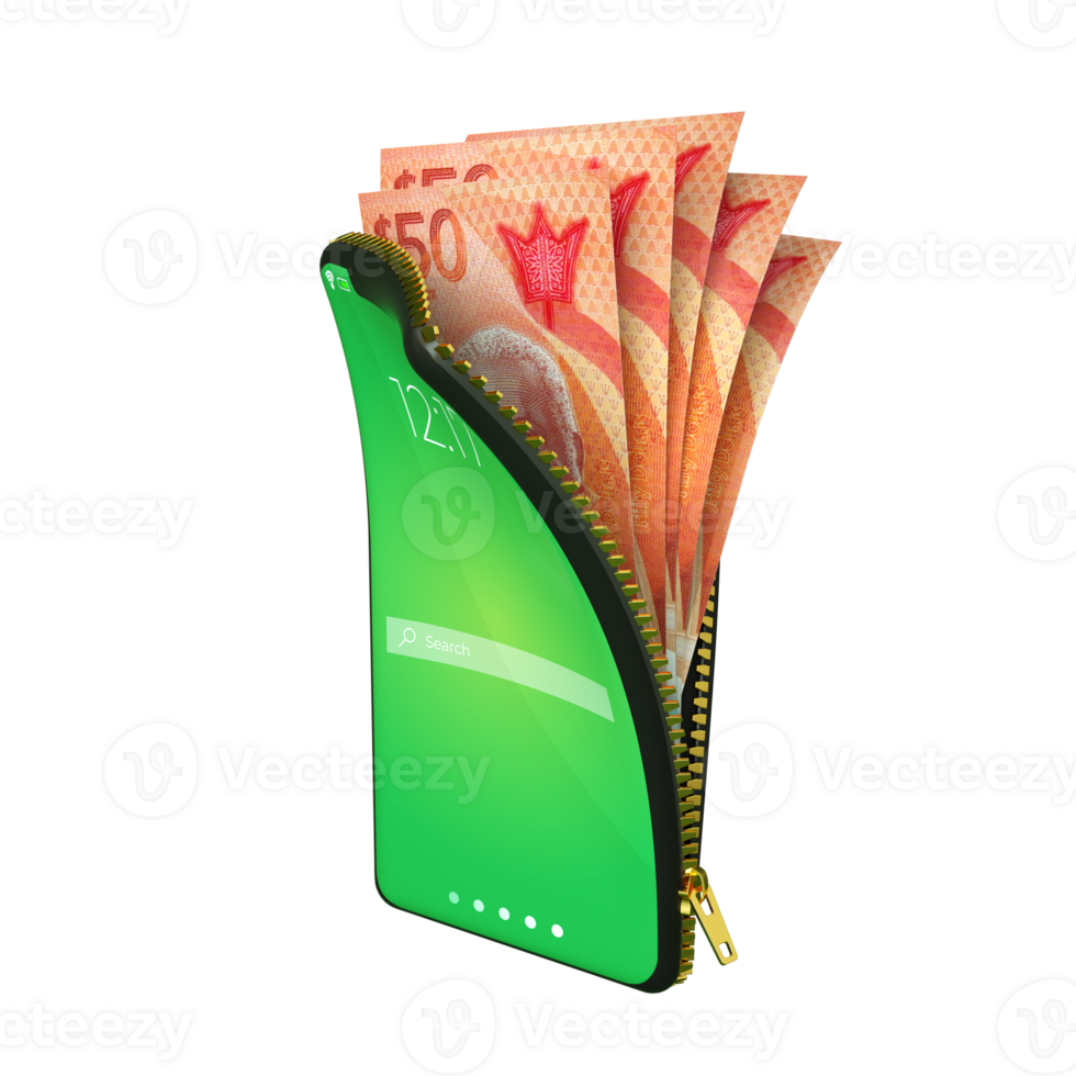 Online mobile money wallet concept. 3D rendering of Barbados Dollar notes inside smart phone isolated on transparent background. money coming out of purse png