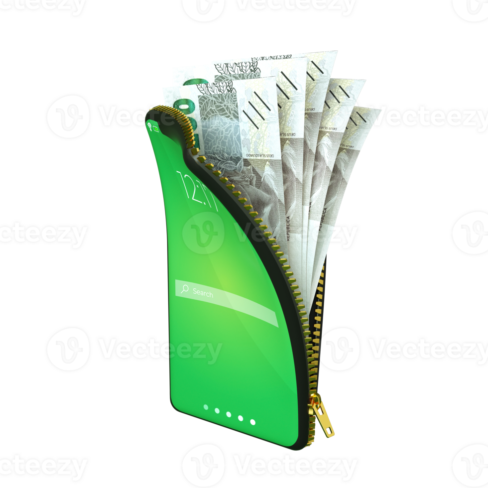 Online mobile money wallet concept. 3D rendering of Brazilian Real notes inside smart phone isolated on dark background. money coming out of purse png