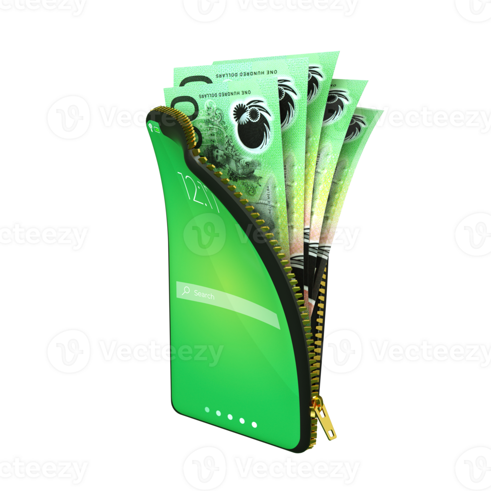 Online mobile money wallet concept. 3D rendering of Australian Dollar notes inside smart phone isolated on transparent background. money coming out of purse png