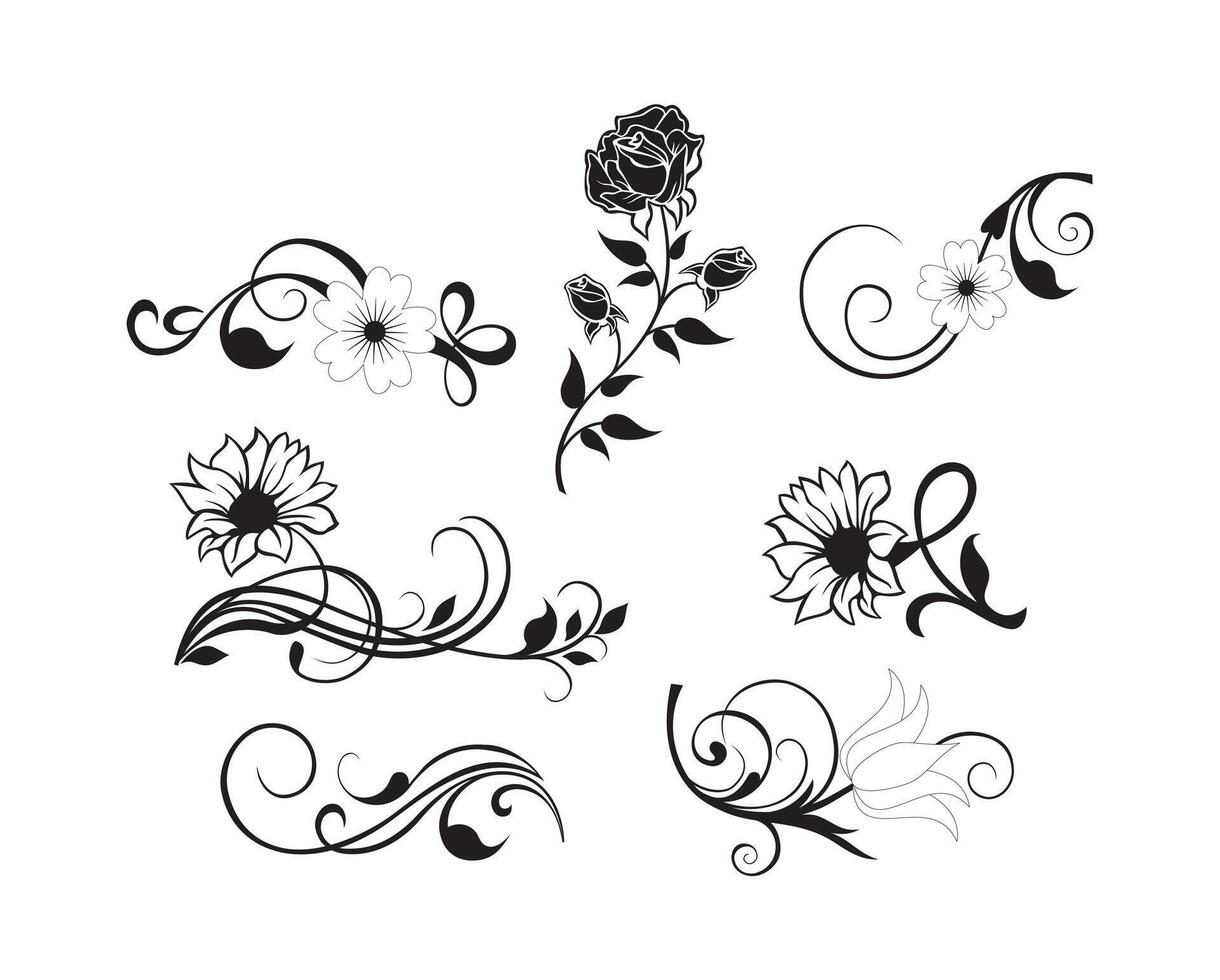 Set floral swirl decorative ornament art on black and white colour vector