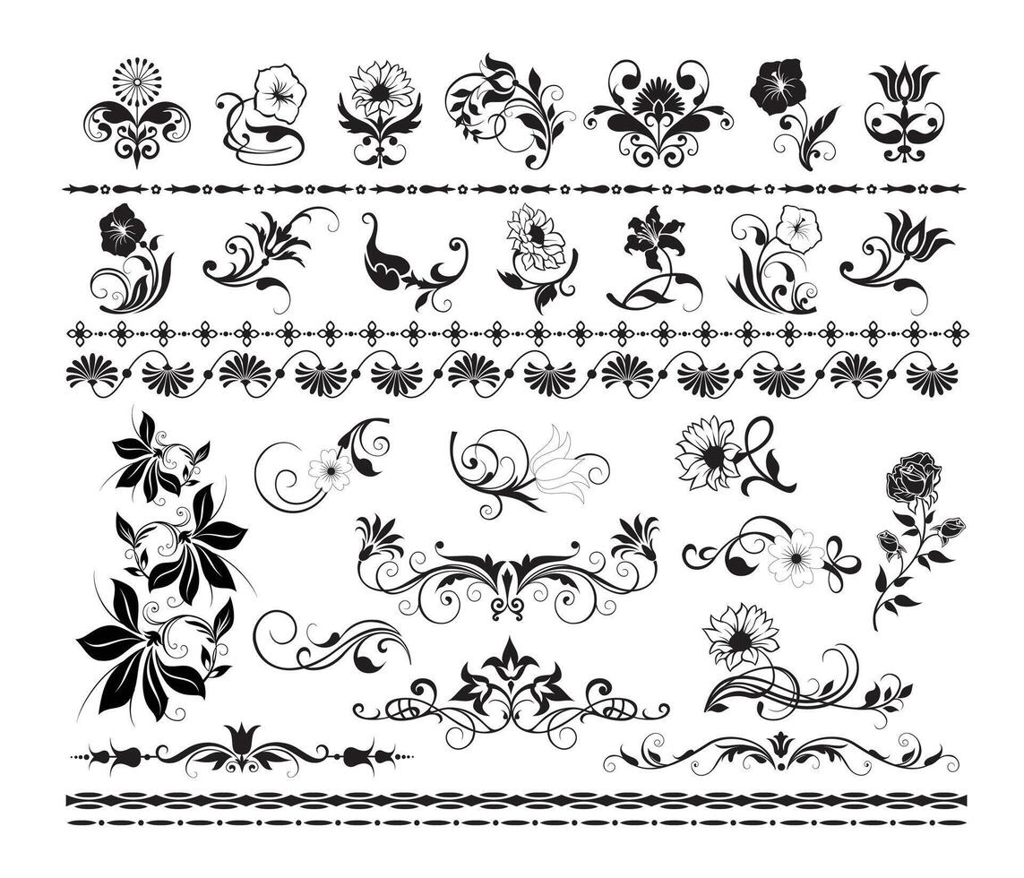 Floral swirl decorative ornament set on black colour vector
