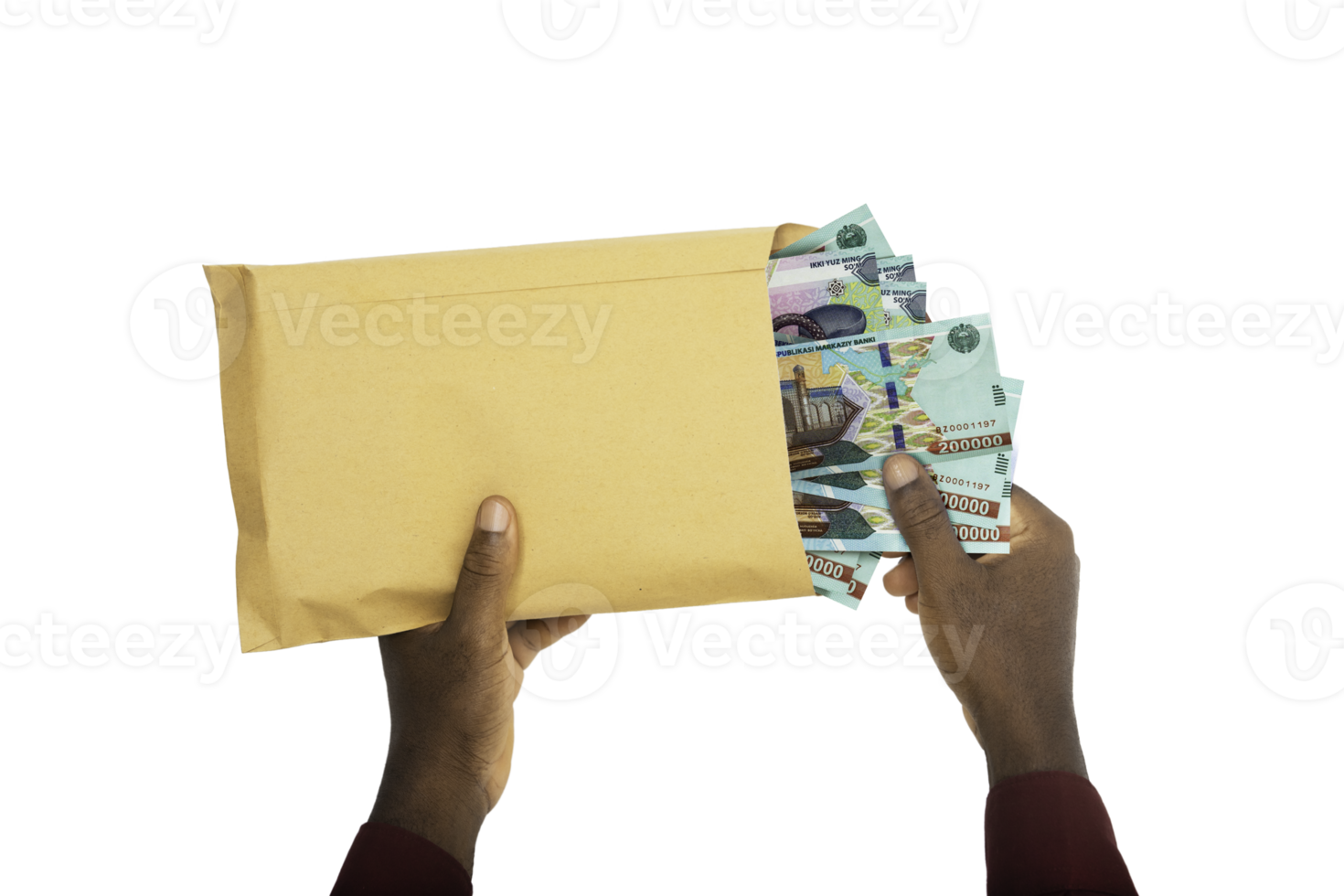 black male hands holding opened brown envelope containing Uzbekistan som notes on transparent background png