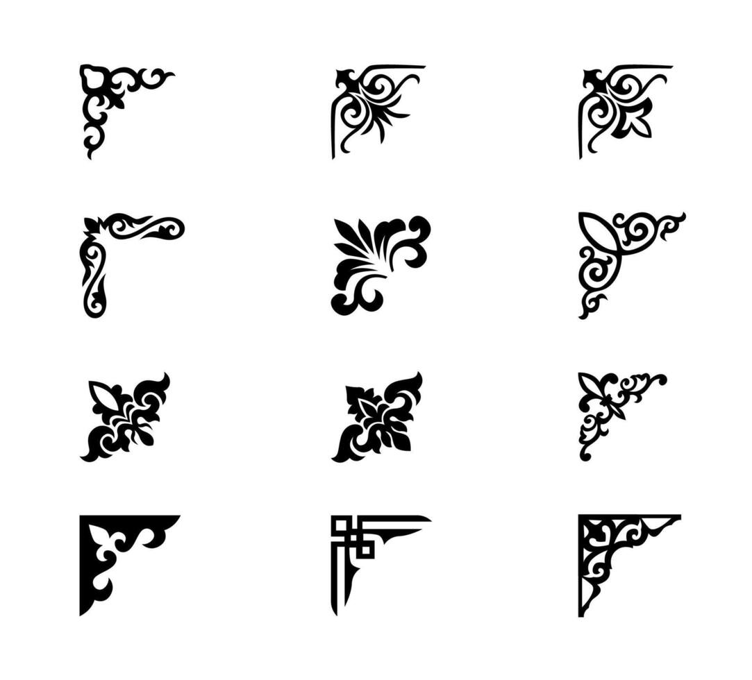 Collection of different abstract vintage corner ornaments on white background vector