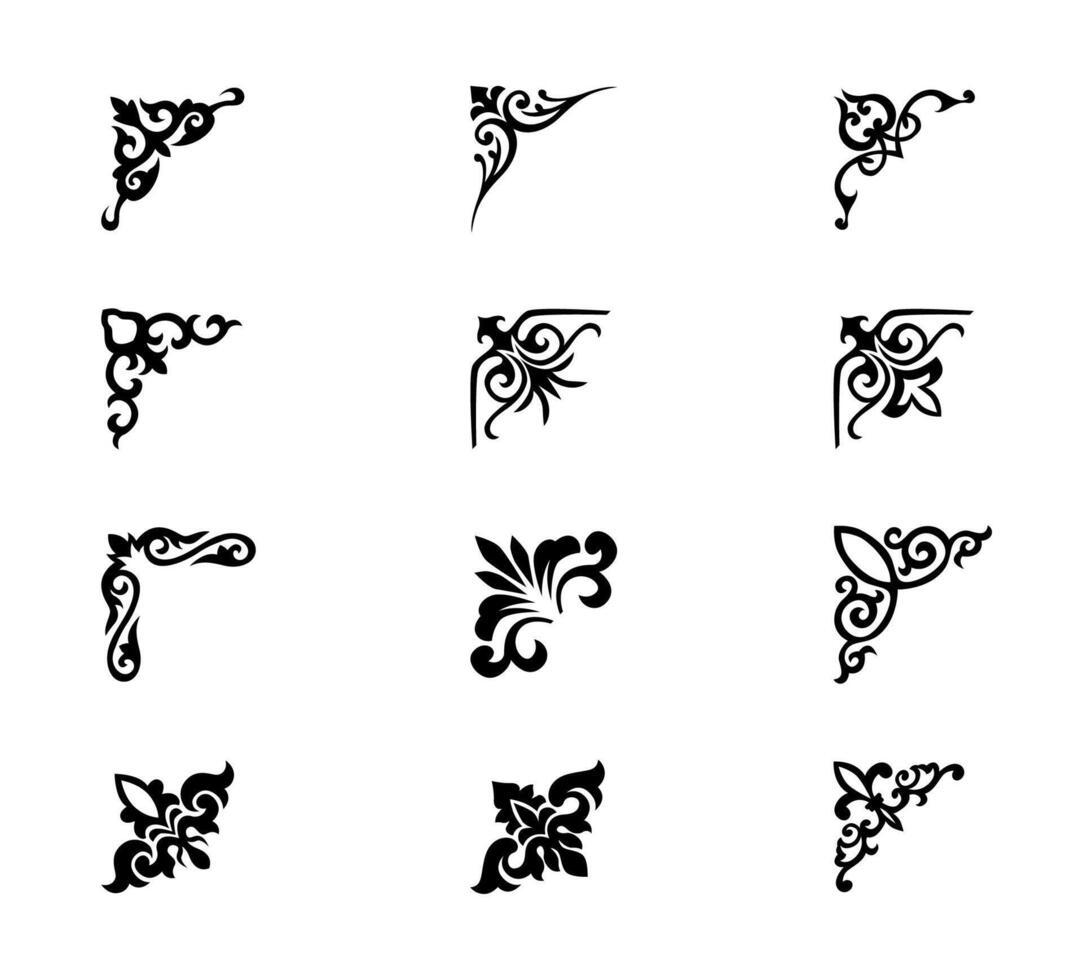Collection of different abstract vintage corner ornaments on black and white colour vector