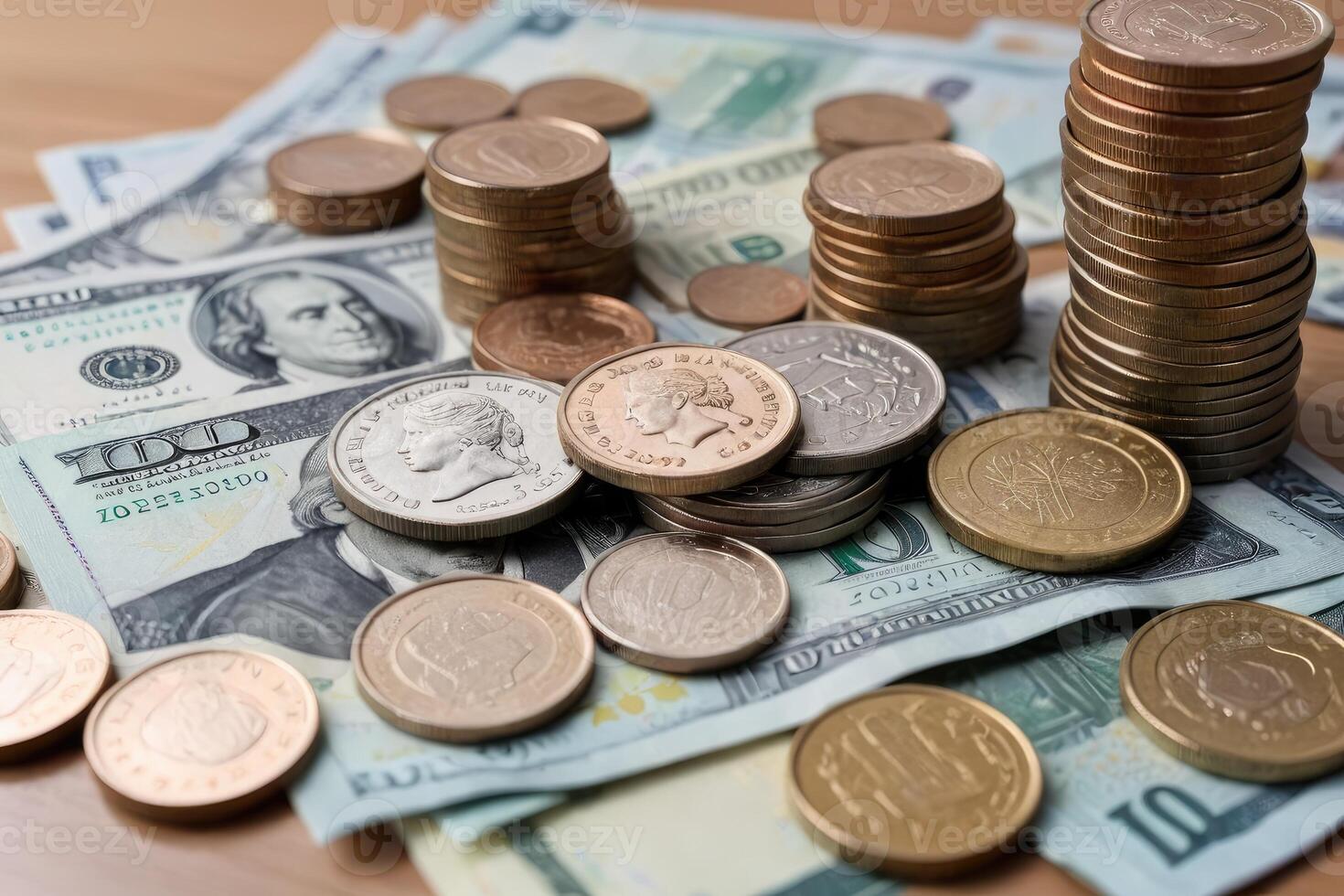 close up coin pile near banknote stack photo