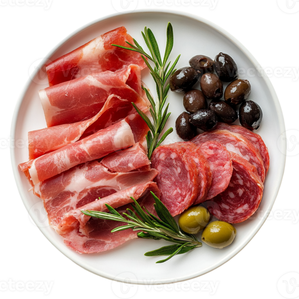 A plate with meat, olives and rosemary png