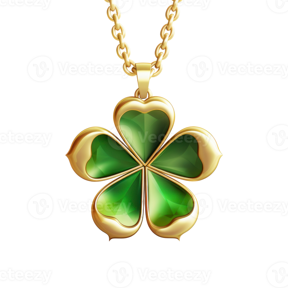 A gold and green necklace with a green leaf and four hearts. isolated on transparent background png