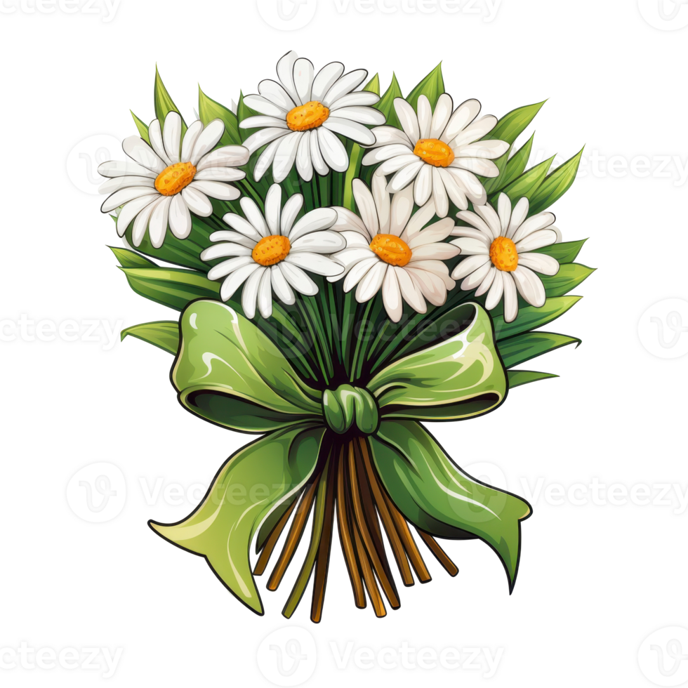 A bouquet of white daisies with a green ribbon. isolated on transparent background png